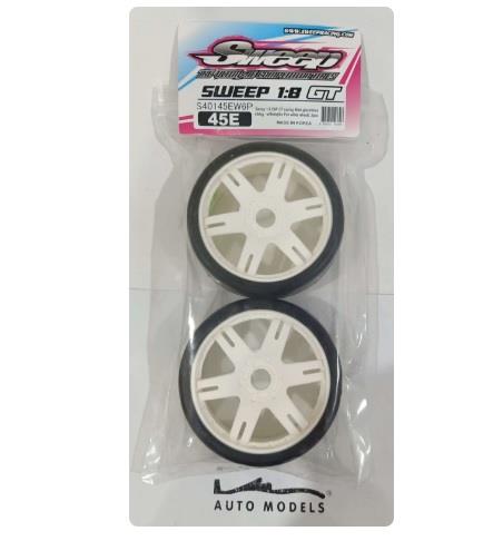 Sweep 1:8 EXP GT racing slick glued tires 45deg. w/Belt(6ix Pak white wheel), 2pcs 